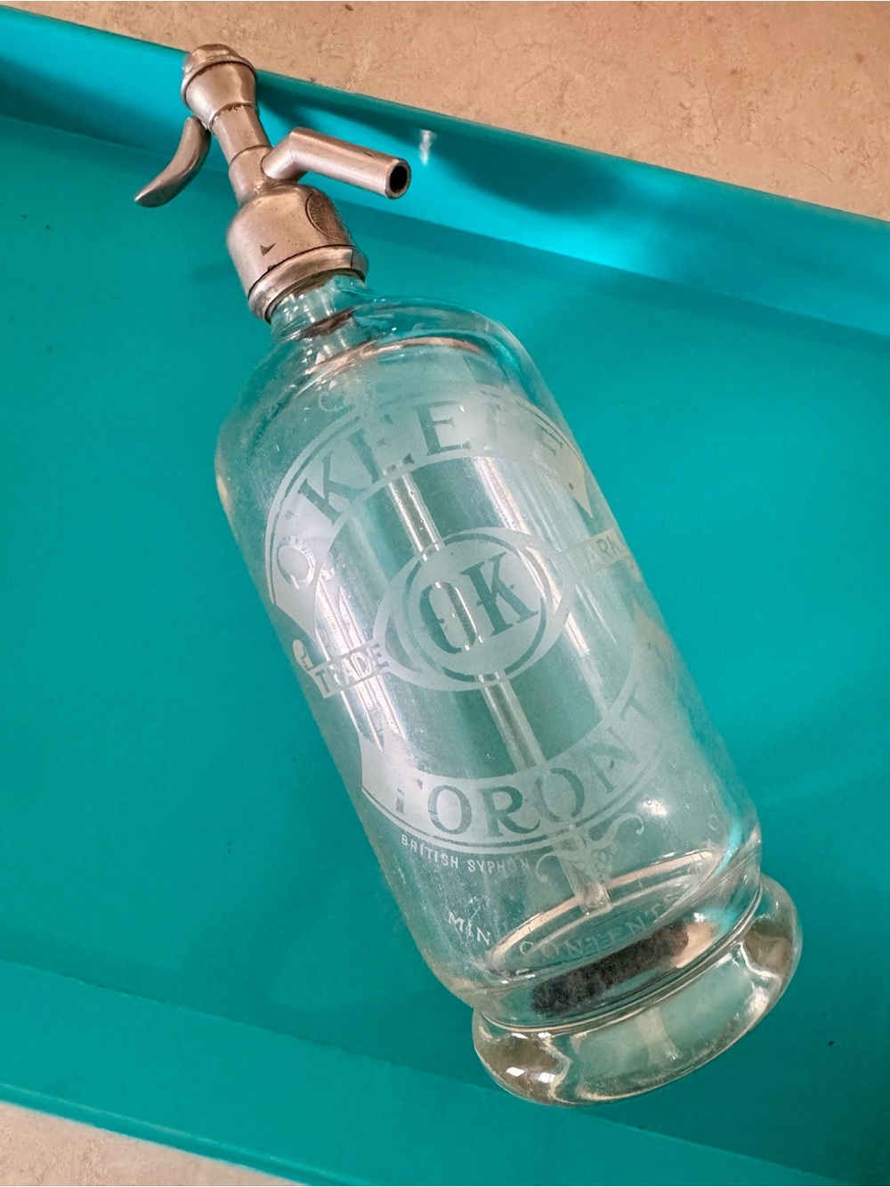 Vintage O’Keefe Toronto Seltzer British Siphon Bottle Soda Etched Glass 30 oz